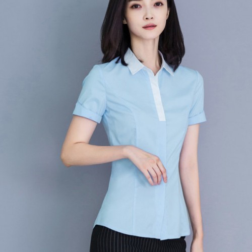 Luxury Plain Button Closure White Collar Hidden Women Tops - Light Blue image