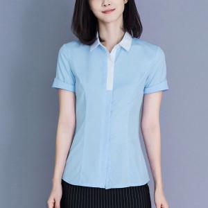 Luxury Plain Button Closure White Collar Hidden Women Tops - Light Blue