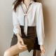 Polo Collar Bow Design Neck Long Sleeve Women Top - White image