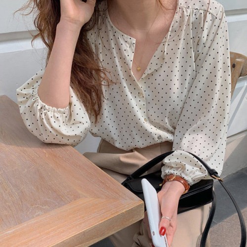 Polka Dots Printed Button Down Long Sleeve Loose Type Women Tops - White image