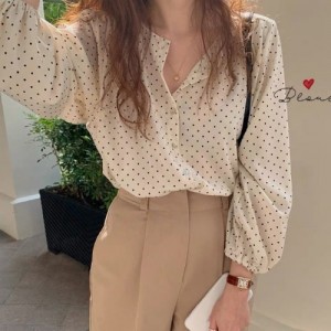 Polka Dots Printed Button Down Long Sleeve Loose Type Women Tops - White