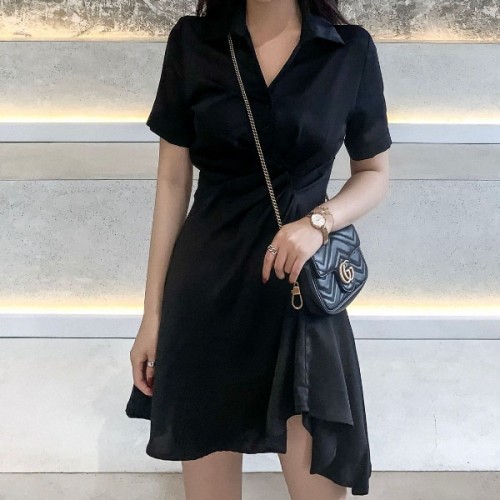 Elegant Comfort Mid Length Polo Collar A Line Skirt Midi Dress - Black image