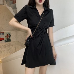 Elegant Comfort Mid Length Polo Collar A Line Skirt Midi Dress - Black