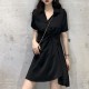 Elegant Comfort Mid Length Polo Collar A Line Skirt Midi Dress - Black image