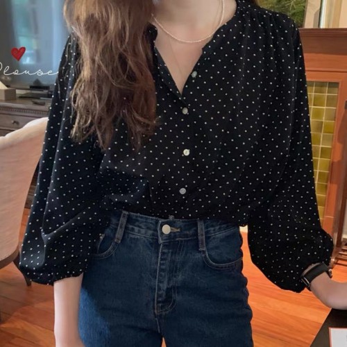 Polka Dots Printed Button Down Long Sleeve Loose Type Women Tops - Black image