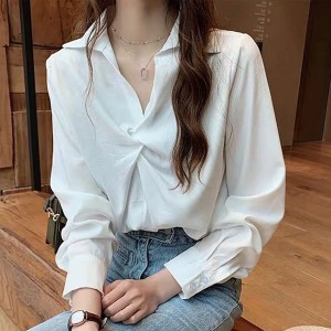 Elegant Solid V Neck Long Sleeve Loose Type Blouses Plain Shirts - White