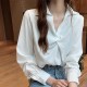 Elegant Solid V Neck Long Sleeve Loose Type Blouses Plain Shirts - White image