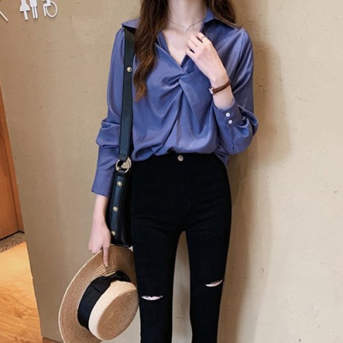 Elegant Solid V Neck Long Sleeve Loose Type Blouses Plain Shirts - Blue image