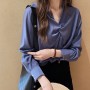 Elegant Solid V Neck Long Sleeve Loose Type Blouses Plain Shirts - Blue