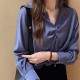 Elegant Solid V Neck Long Sleeve Loose Type Blouses Plain Shirts - Blue image