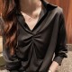 Elegant Solid V Neck Long Sleeve Loose Type Blouses Plain Shirts - Black image