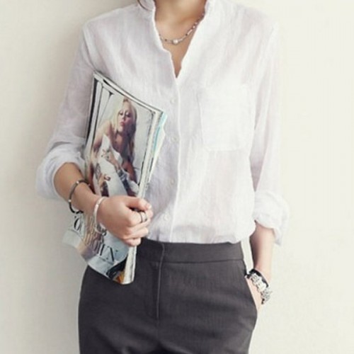 Explosive Style Loose Polo-neck Cardigan Pocket Solid Color Women Shirts - White image