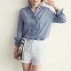 Explosive Style Loose Polo-neck Cardigan Pocket Solid Color Women Shirts - Blue image