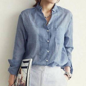 Explosive Style Loose Polo-neck Cardigan Pocket Solid Color Women Shirts - Blue