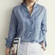 Explosive Style Loose Polo-neck Cardigan Pocket Solid Color Women Shirts - Blue image