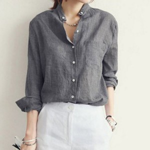 Explosive Style Loose Polo-neck Cardigan Pocket Solid Color Women Shirts - Grey
