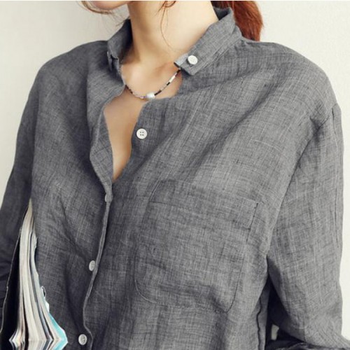 Explosive Style Loose Polo-neck Cardigan Pocket Solid Color Women Shirts - Grey image