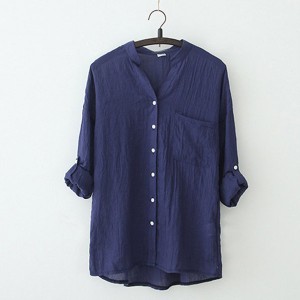 Cardigan Loose Stand-up Collar Cotton Button Closure Long Sleeve Tops - Blue