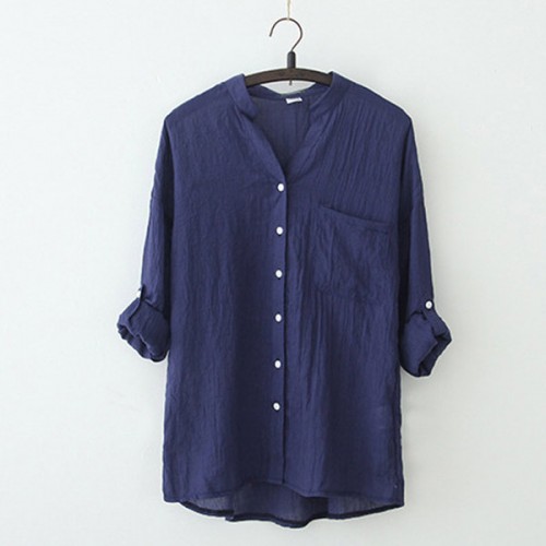 Cardigan Loose Stand-up Collar Cotton Button Closure Long Sleeve Tops - Blue image