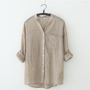 Cardigan Loose Stand-up Collar Cotton Button Closure Long Sleeve Tops - Brown
