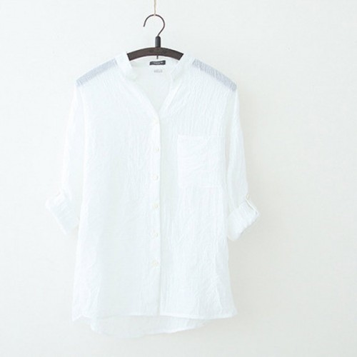Cardigan Loose Stand-up Collar Cotton Button Closure Long Sleeve Tops - White image