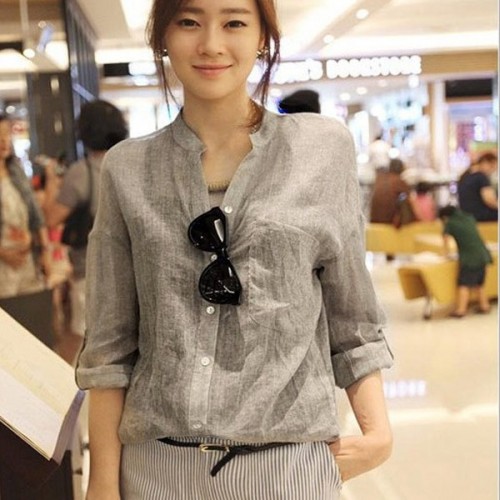 Cardigan Loose Stand-up Collar Cotton Button Closure Long Sleeve Tops - Grey image