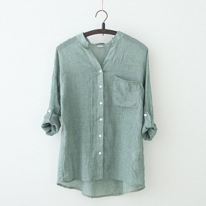 Cardigan Loose Stand-up Collar Cotton Button Closure Long Sleeve Tops - Green