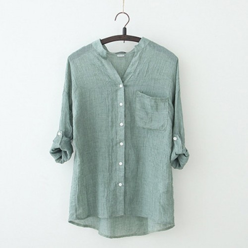 Cardigan Loose Stand-up Collar Cotton Button Closure Long Sleeve Tops - Green image