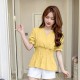 Ruffled Puff Short Sleeve Blouse Cross V Neck Elastic Waist Slim Doll Shirt - Yellow image