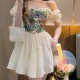 Vintage Floral Lace Up Short Puff Sleeve A line Skirt Mini Dress - White image