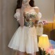 Vintage Floral Lace Up Short Puff Sleeve A line Skirt Mini Dress - White image
