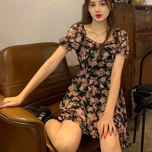 Luxury Puff Bubble Sleeve Floral Backless Party Evening Mini Dress - Black image