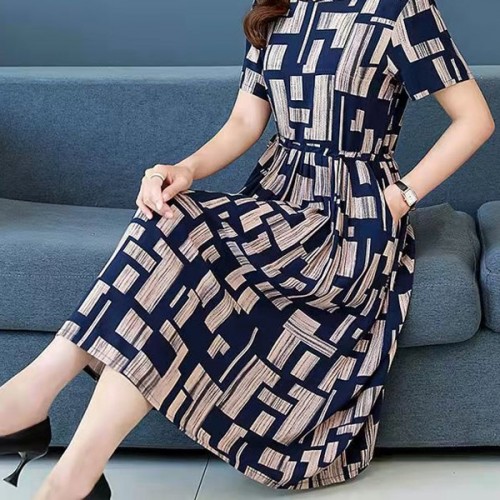 Dignified Stylish Knee-length Waist stripe Round Neck Midi Dress - Blue image