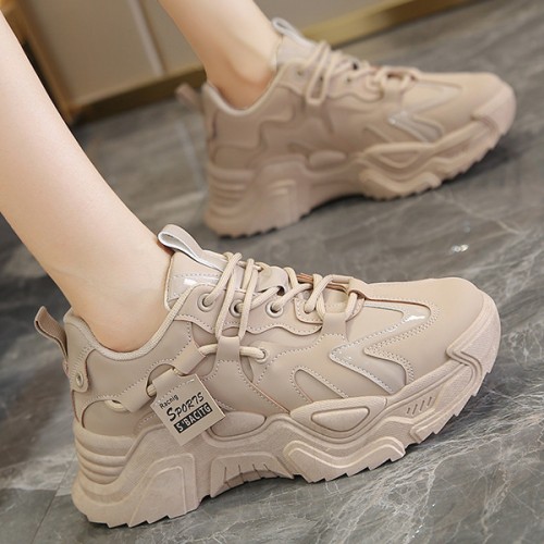 Breathable Flat Heel Lace Up Shallow Mouth Sports Sneakers - Beige image