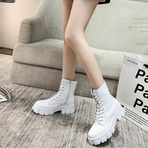 Solid Sewing Thread Lace-up Side Zipper Mid Tube Chunky Boots - White image