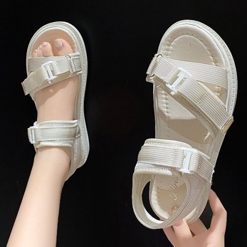 Comfortable Strappy Velcro Soft Sole Open Toe Flat Sports Sandals - Cream image