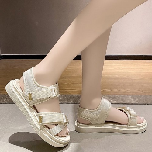 Comfortable Strappy Velcro Soft Sole Open Toe Flat Sports Sandals - Cream image