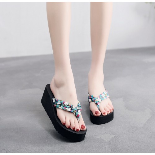 Platform Thong Thick Soled Strappy Women Bath Slippers - Green image