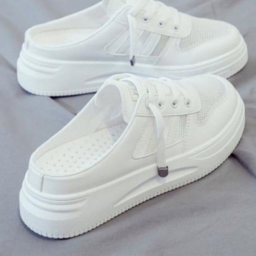Breathable Canvas Open Heels Slip On Flat Lace Up Sneakers - White image