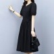 Solid Color Round Neck Puff Sleeves Tie Knot A Line Skirt Midi Dress - Black image