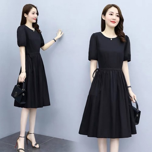 Solid Color Round Neck Puff Sleeves Tie Knot A Line Skirt Midi Dress - Black image