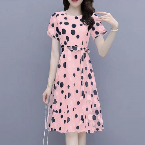 Graceful A-Line Short-Sleeve Round-Neck Polka Dots Tie Knot Midi Dress - Pink image