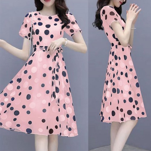 Graceful A-Line Short-Sleeve Round-Neck Polka Dots Tie Knot Midi Dress - Pink image