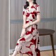 Elegant Style V-neck Floral A-line Tie Knot Women Skirt Midi Dress - Red image
