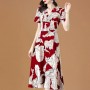 Elegant Style V-neck Floral A-line Tie Knot Women Skirt Midi Dress - Red