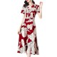 Elegant Style V-neck Floral A-line Tie Knot Women Skirt Midi Dress - Red image