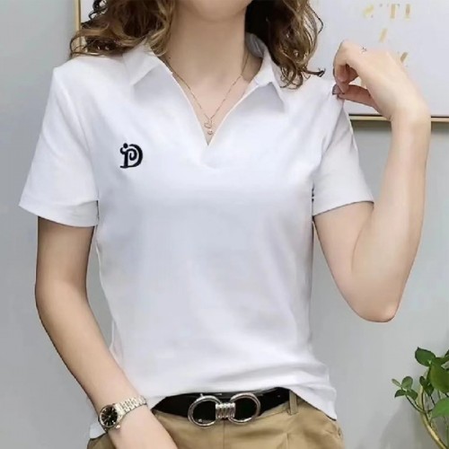 Solid Color Polo Collar Short Sleeve Cotton Loose Tees Women T-shirt - White image