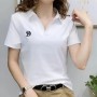 Solid Color Polo Collar Short Sleeve Cotton Loose Tees Women T-shirt - White