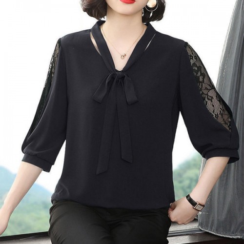 Super Fairy V-neck Pullover Bowknot Loose Belly Covering Women Tops - Black image