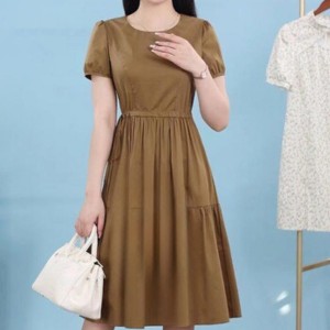 Solid Color Round Neck Puff Sleeves Tie Knot A Line Skirt Midi Dress - Brown